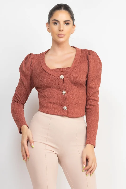 Special Price Geometric Cami Puff Sleeves Blazer Top Set