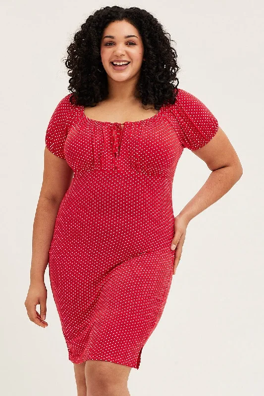 Lowest Price Polka Dot Short Puff Sleeve Red Spot Bodycon Dress