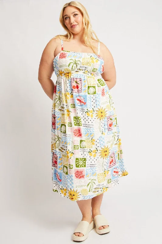 Exclusive Deal Multi Abstract Midi Dress Sleeveless Linen Blend