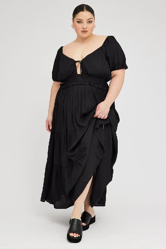 Unmissable Offer Black Midi Dress Short Sleeve Tiered Cut Out