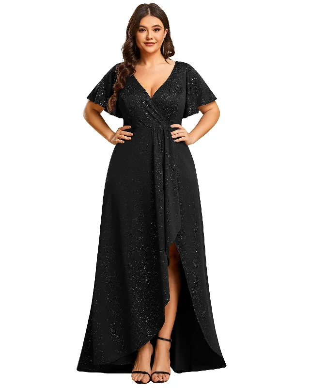 Super Bargain Glitter High-Low Front Side Slit Ruffled V-Neck Evening Dress | Black