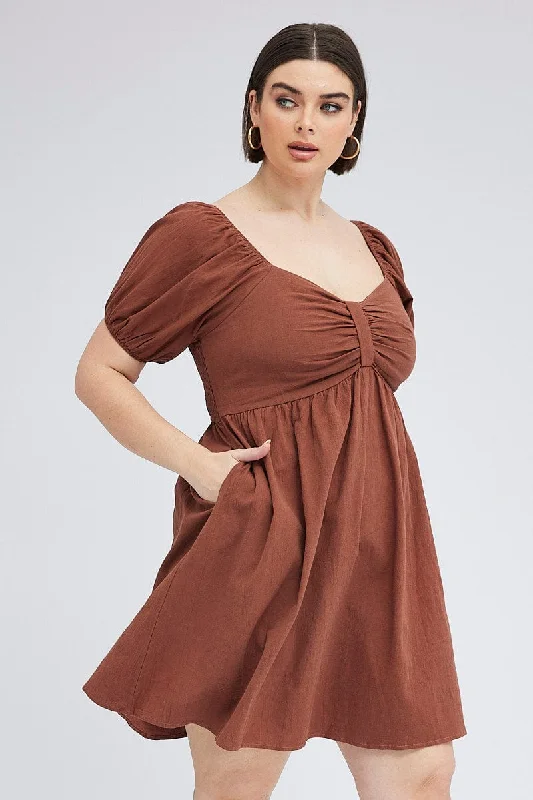 Price Meltdown Brown Mini Dress Tab Front Pockets