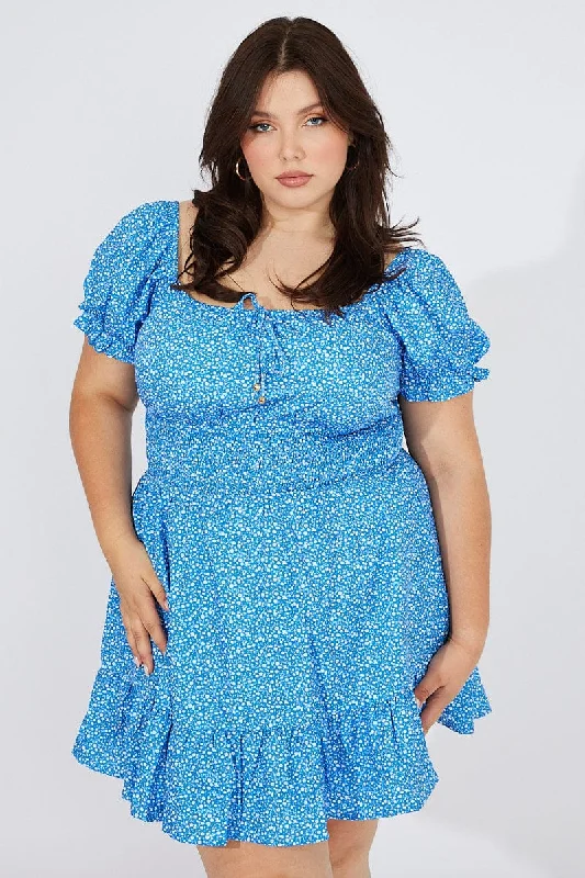 Value Deals Blue Ditsy Mini Dress Puff Sleeve Gather Detail