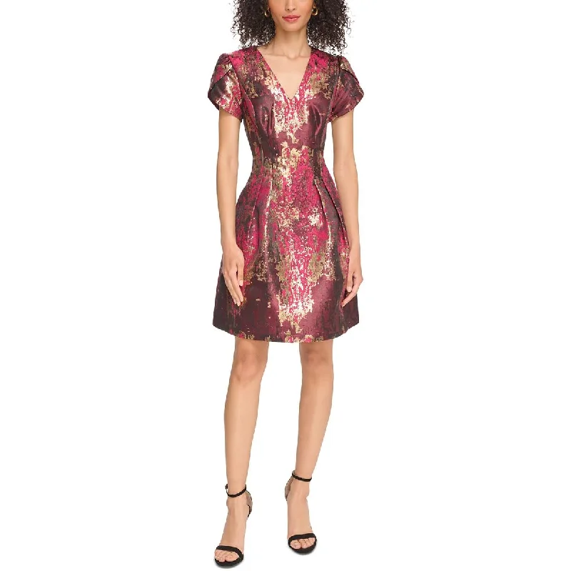 Deal Mania Petites Womens Jacquard Short Sleeves Fit & Flare Dress
