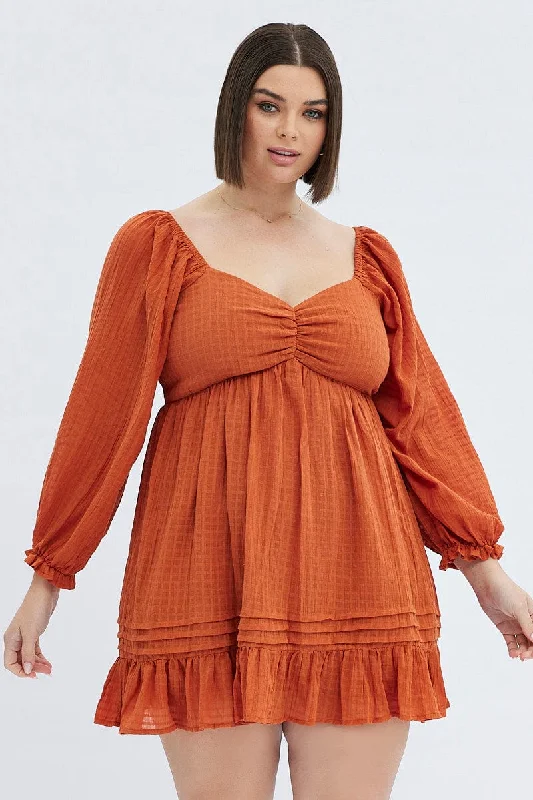 Today's Special Rust Mini Dress Textured Cotton Blend Long Sleeve