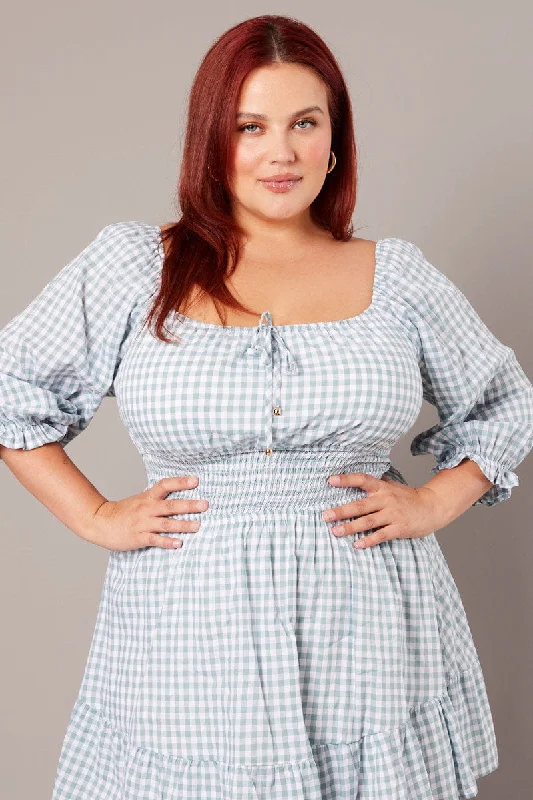 Low Prices Green Check Mini Dress 3/4 Sleeve Shirred Gingham