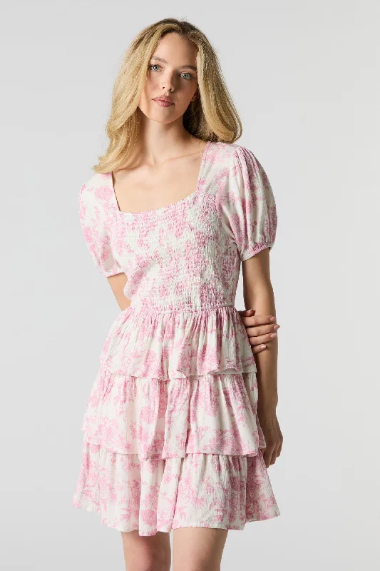 Final Markdown Floral Smocked Puff Sleeve Tiered Mini Dress