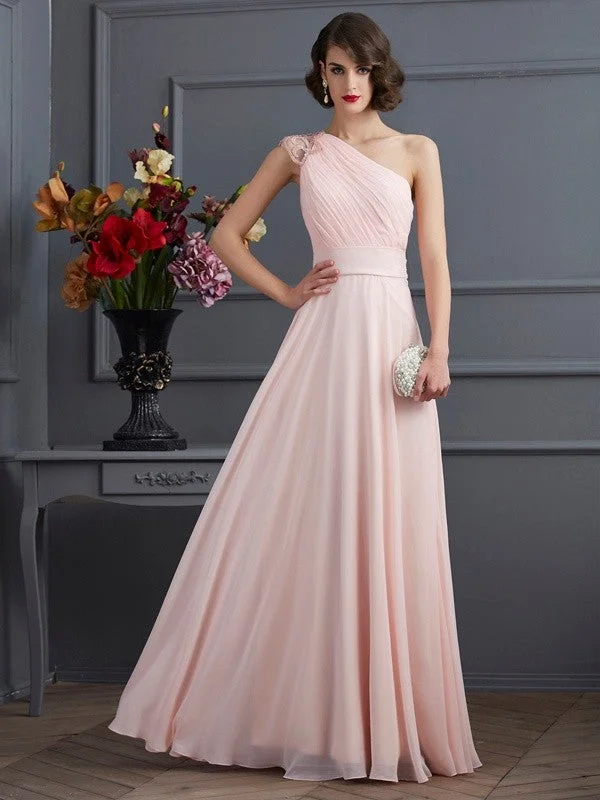 Flash Sale A-Line/Princess One-Shoulder Sleeveless Long Beading Chiffon Dresses