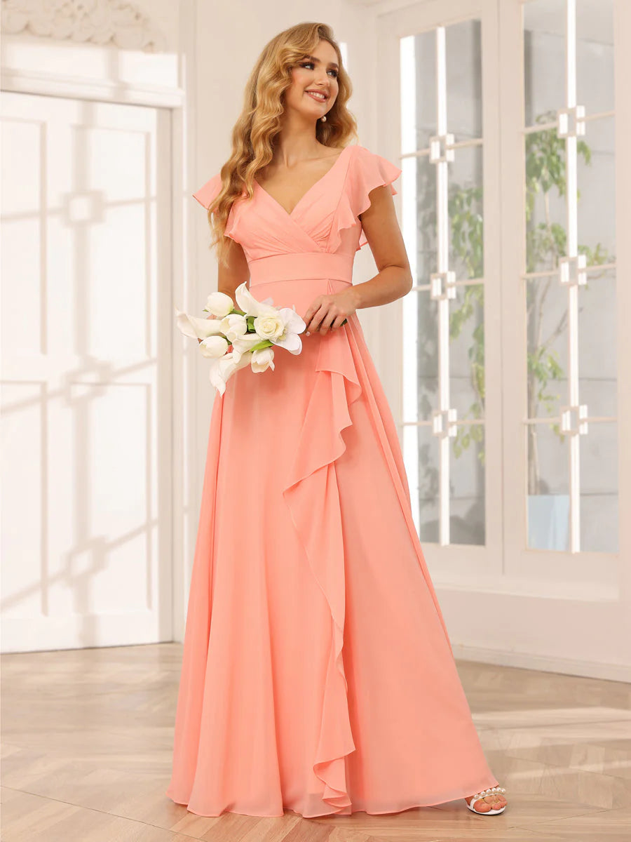 Members Only A-Line/Princess V-Neck Long Bridesmaid Dresses With Ruffles
