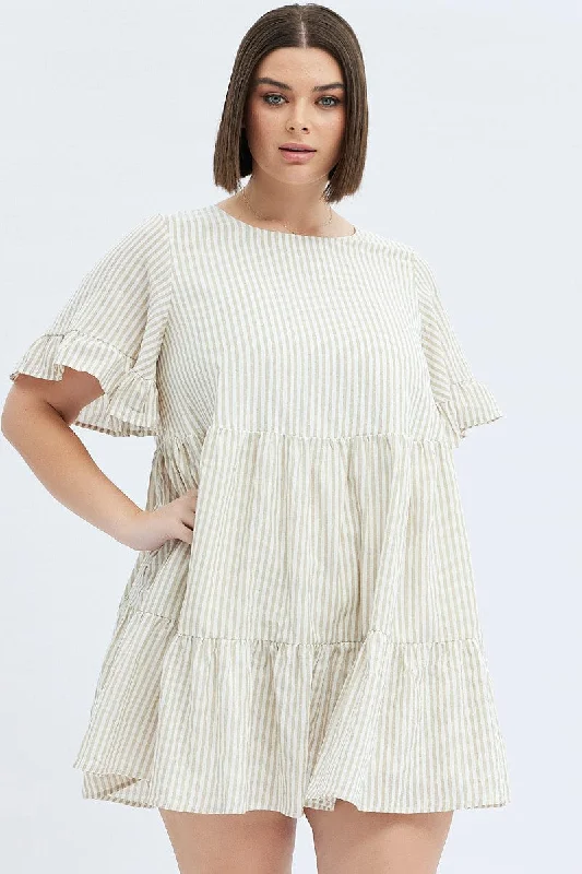 Deal Explosion Camel Stripe Smock Dress Short Sleeve Tiered