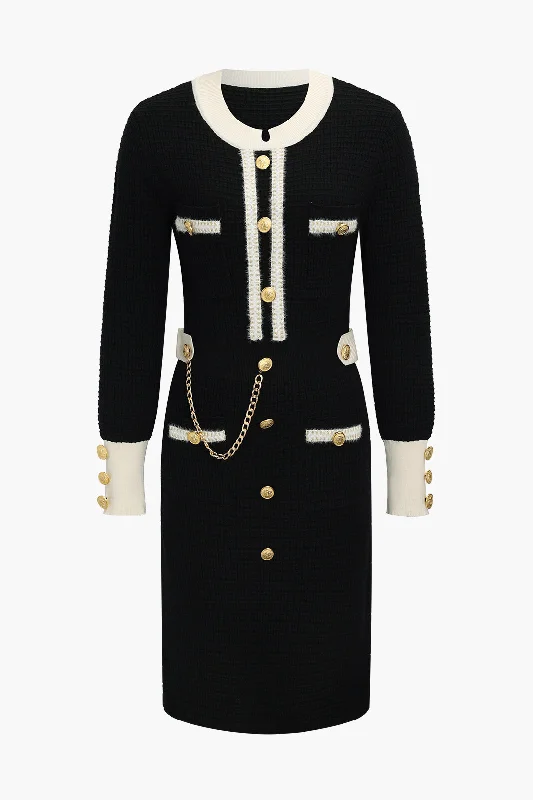 Special Price Knit Chain Button Long Sleeve Dress