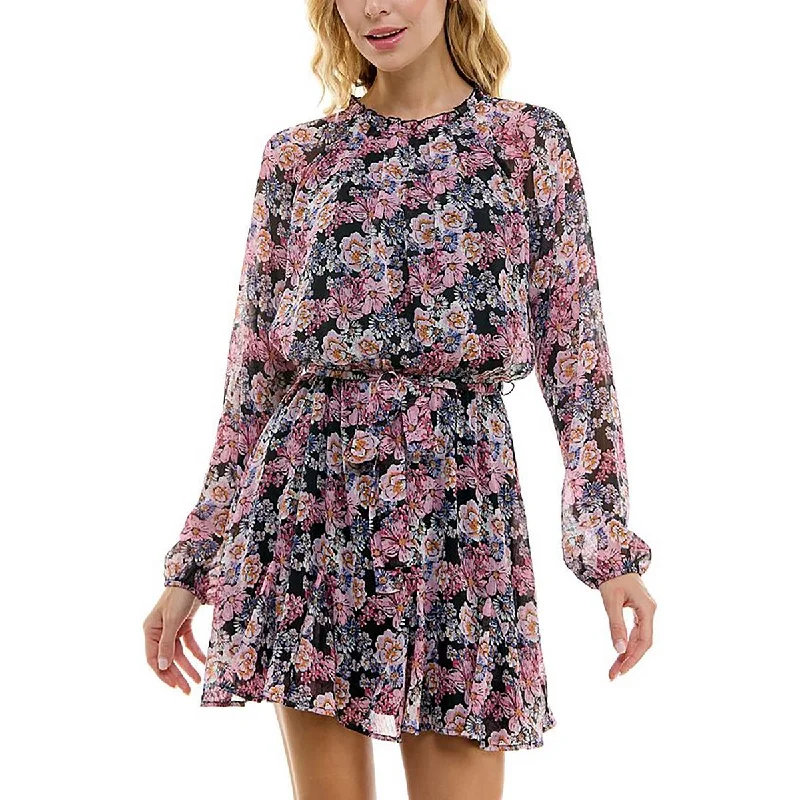 Don’t Miss Out Juniors Womens Chiffon Floral Print Fit & Flare Dress