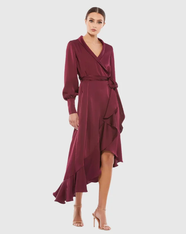 Steals and Deals Red Long Sleeve Faux Wrap Midi Dress