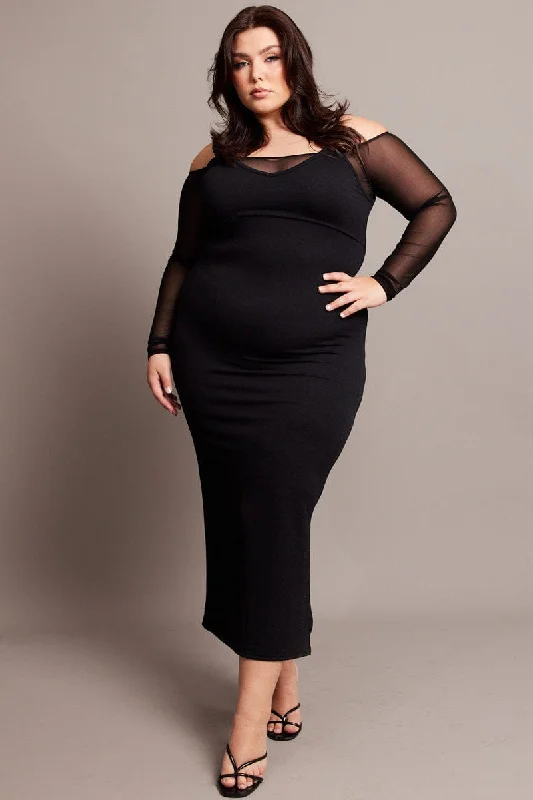 Deal Zone Black Cold Shoulder Bodycon Maxidress With Mesh Sleeves