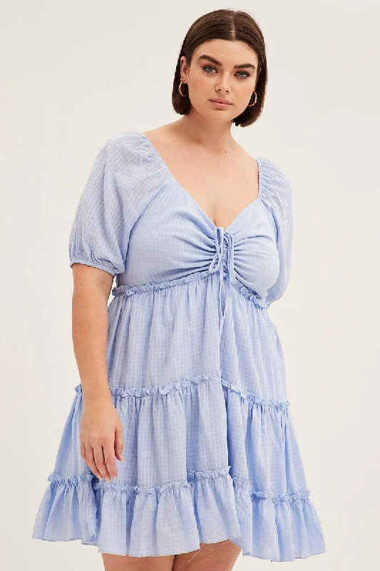 Year-End Sale Blue Fit And Flare Dress Short Sleeve Front Ruched