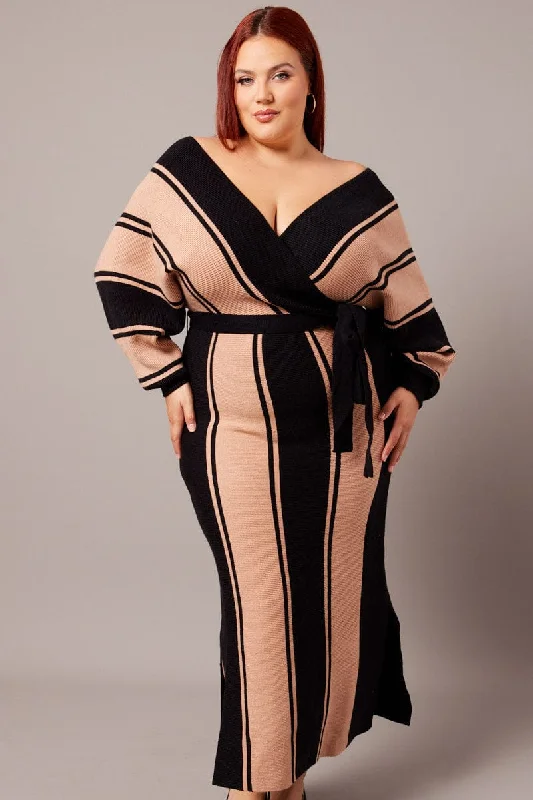 Today’s Deal Black Stripe Cross Front Midi Knit Dress