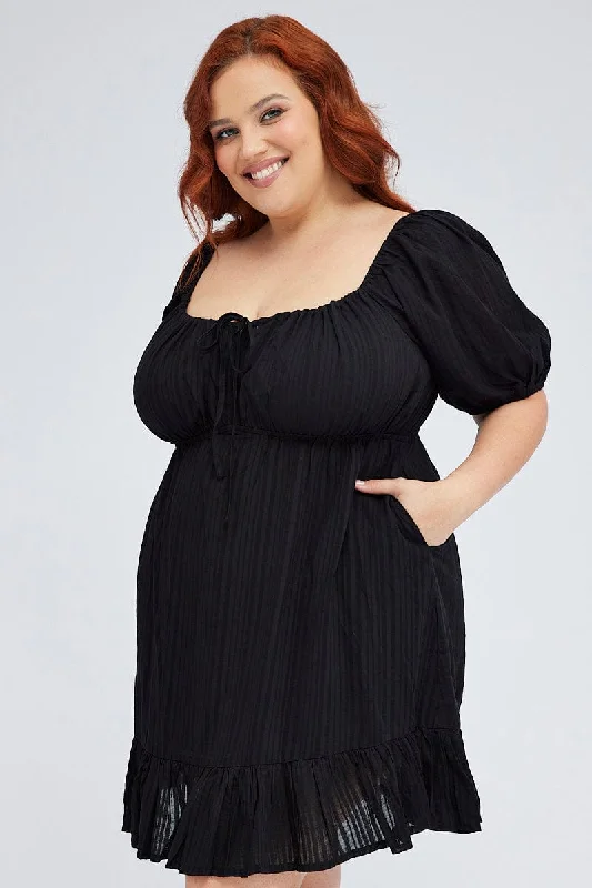 Mega Sale Black Skater Dress Scoop Neck Short Sleeve Tie