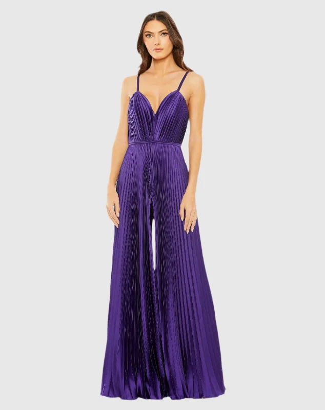 Special Promotion Purple Pleated Plunge Neck Wide Leg Jumpsuit