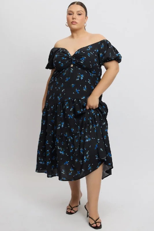 Warehouse Sale Black Ditsy Midi Dress Short Sleeve Cut Out