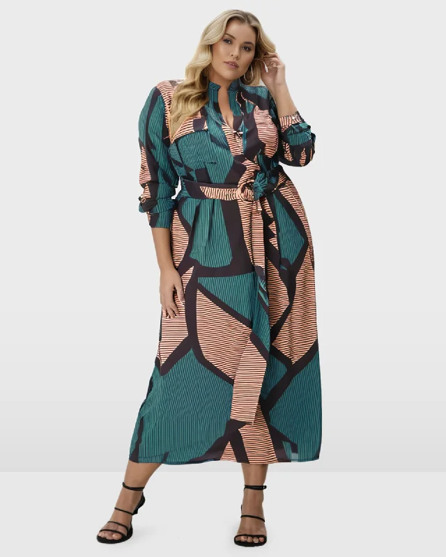 Crazy Deals Self-Belt Geo Stripe Print Crepe Dress | Pink