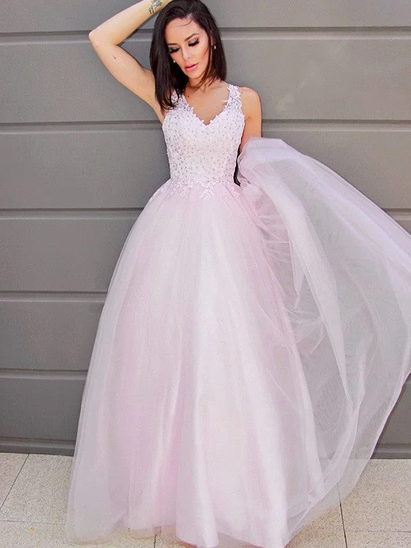 Season Finale Sale A-Line/Princess V-neck Sleeveless Applique Tulle Floor-Length Dresses Season Finale Sale A-Line/Princess V-neck Sleeveless Applique Tulle Floor-Length Dresses