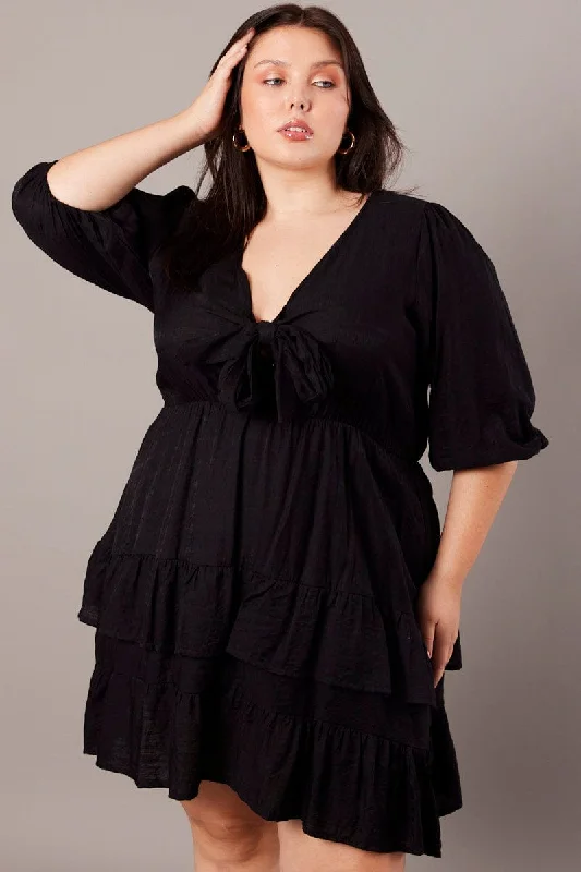 Loyalty Reward Black 3/4 Sleeve Tie Frill Mini Dress