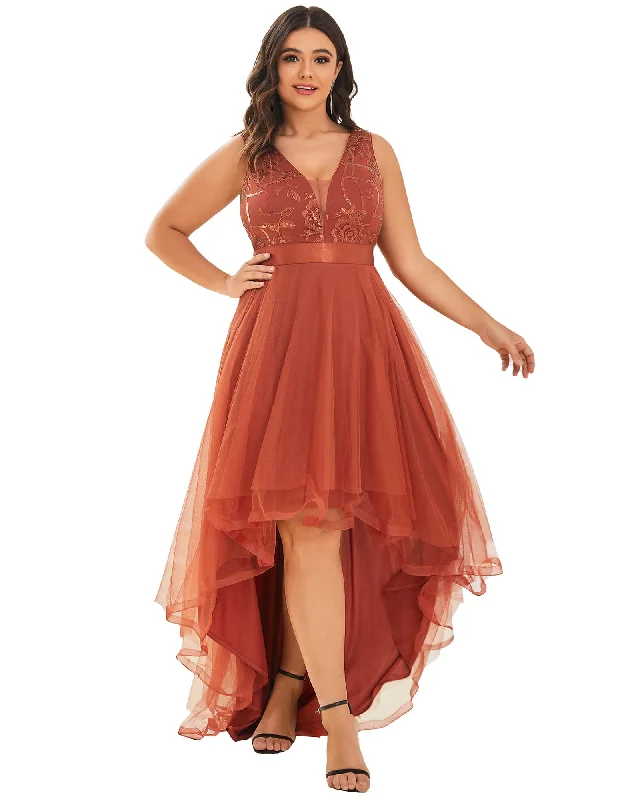 Deal of the Week Sleeveless V-back Tulle High-Low Sequin Appliques Evening Dresses | Burnt Orange Deal of the Week Sleeveless V-back Tulle High-Low Sequin Appliques Evening Dresses | Burnt Orange