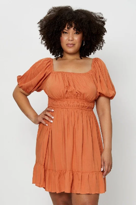 Buy More, Save More Brown Skater Dress Square Neck Puff Sleeve Shirred
