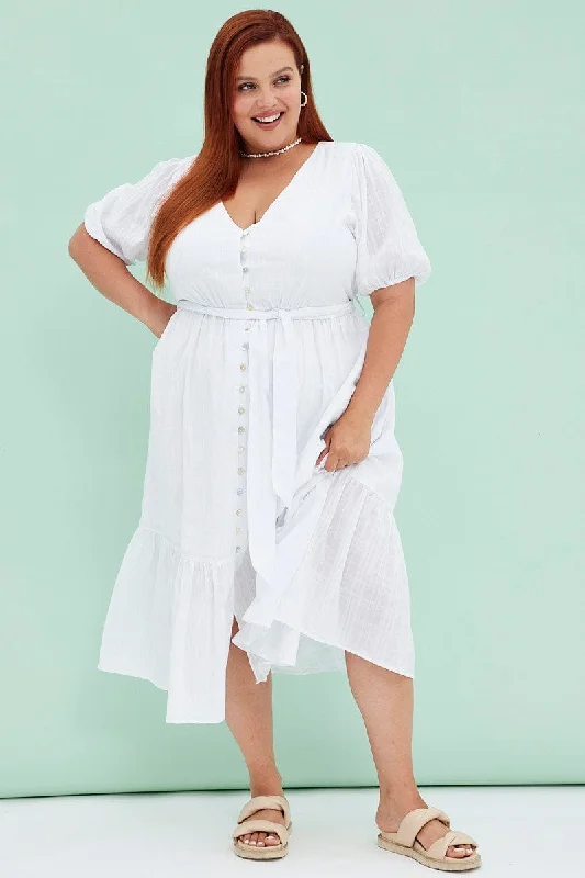 Limited Availability White Short Sleeve Textured Button Midi Dress