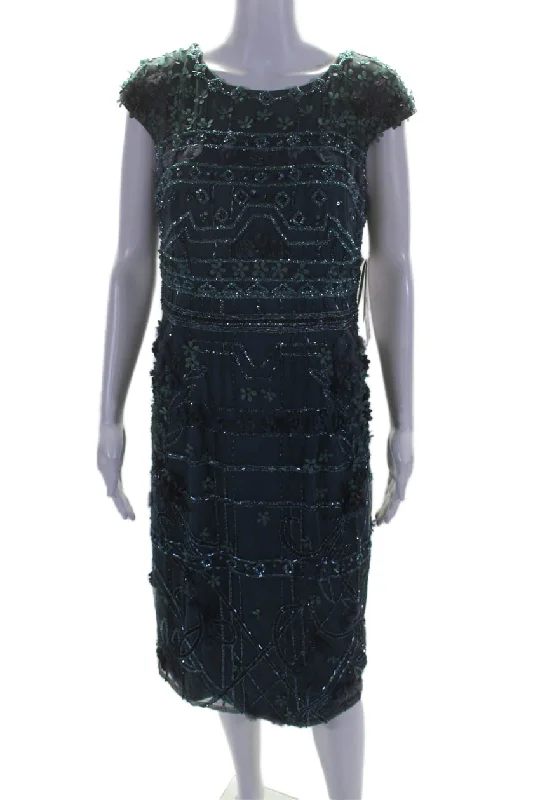 Act Now Theia Womens Floral Applique Beaded Short Sleeves Midi Dress Blue