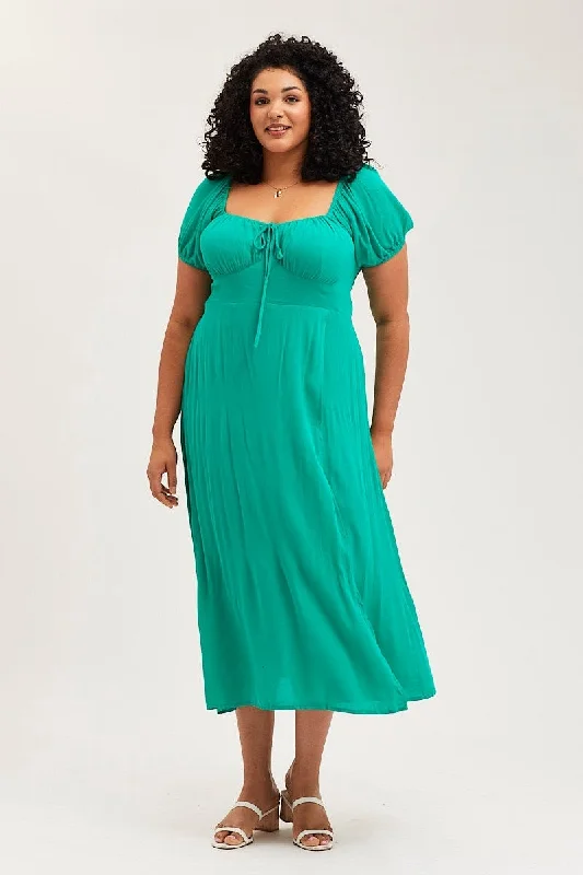 Early Access Green Maxi Dress Scoop Neck Short Sleeve Front Split
