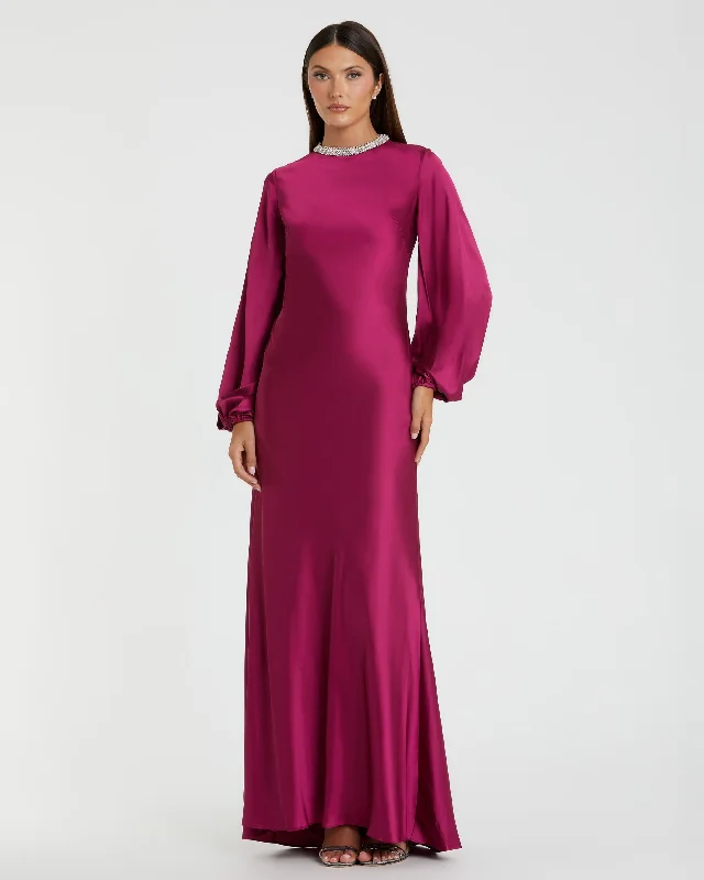 The Best Prices Purple Beaded High Neck Bishop Sleeve Satin Gown