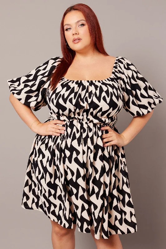 New Markdowns Black Abstract Scoop Neck Puff Sleeve Minidress
