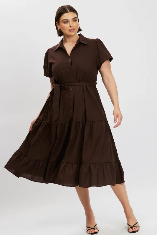 Low Prices Brown Midi Dress Short Sleeve Shirt