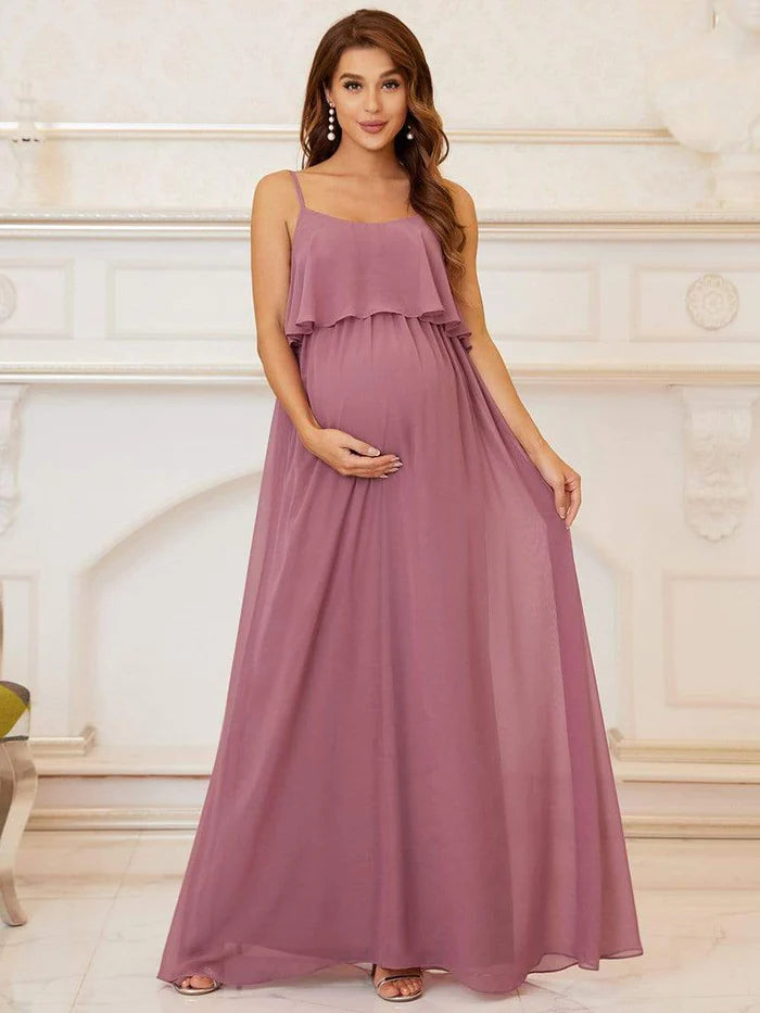 Price Cut Spaghetti Straps Solid Pleated A-Line Maternity Dress