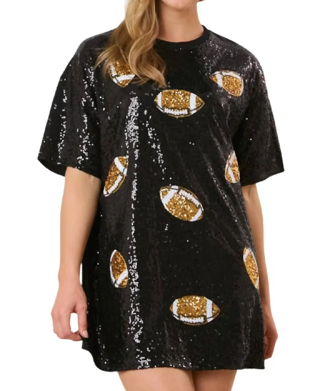Epic Deals Football Sequins Short Sleeve Basic T-Dress In Black