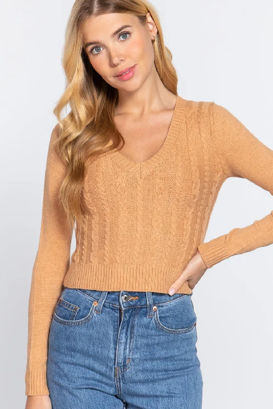 Bargain Prices Long Sleeve V-neck Cable Sweater