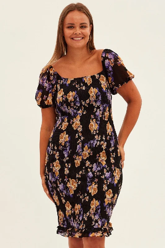 Deep Discounts Black Floral Bodycon Dress Short Sleeve Off Shoulder Shirred
