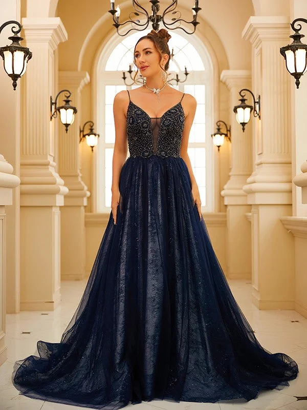 Can't Miss A-Line/Princess Tulle Beading V-neck Sleeveless Sweep/Brush Train Dresses Can't Miss A-Line/Princess Tulle Beading V-neck Sleeveless Sweep/Brush Train Dresses