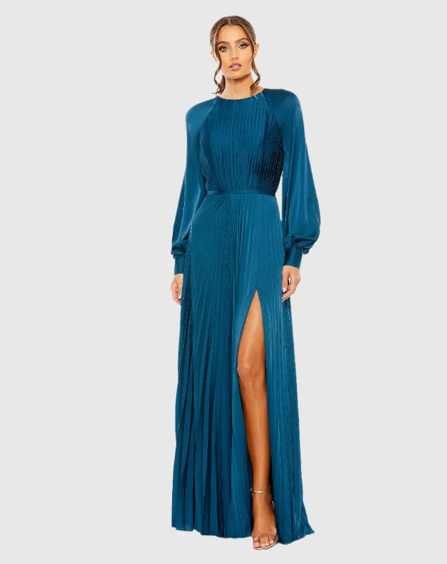 Deal of the Day Blue Pleated High Neck Raglan Long Sleeve Side Slit Gown