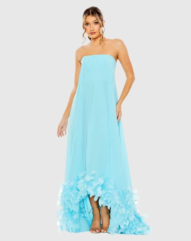 Bonus Savings Blue Strapless Flare Feather Hem Gown