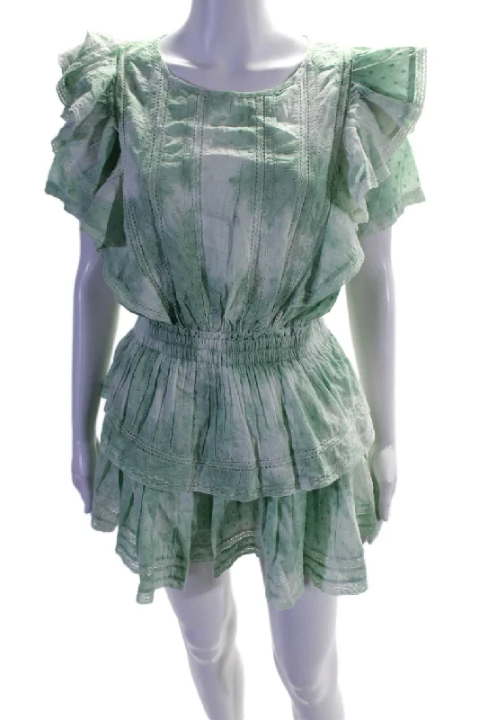 Price Cut Love Shack Fancy Womens Cotton Green Tie Dye Ruffle Crew Neck Shift Dress