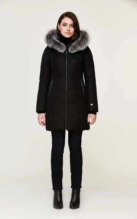 Members Only SOIA & KYO WOMENS CHRISTY BRUSHED DOWN COAT WITH REMOVABLE SILVER FUR BLACK