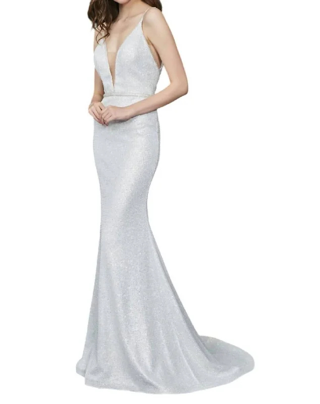 Closeout Plunging V-Neck Prom Dress In Silver