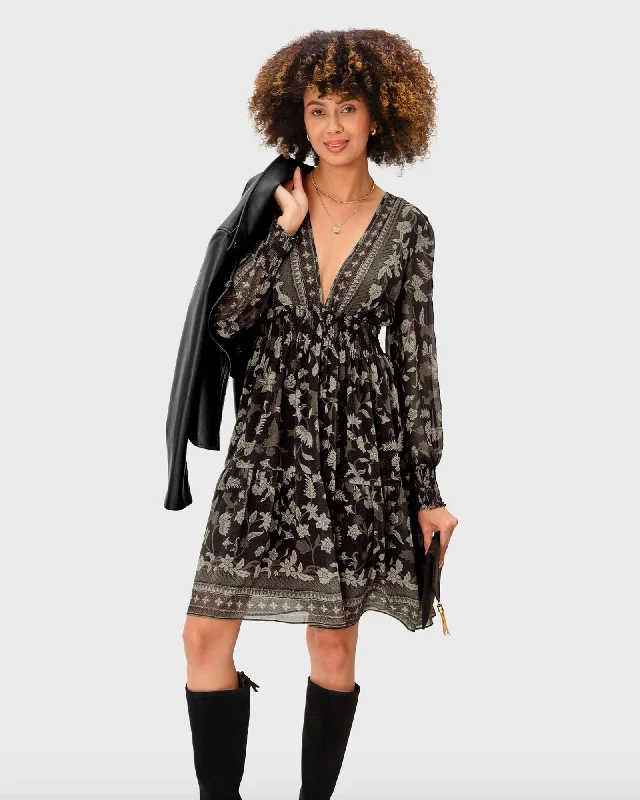 Deep Discounts Floral Print Georgette Smocked Dress | Deep Brown