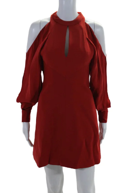 Final Clearance J. Mendel  Womens Silk Cold Shoulder Long Sleeves A Line Dress Red