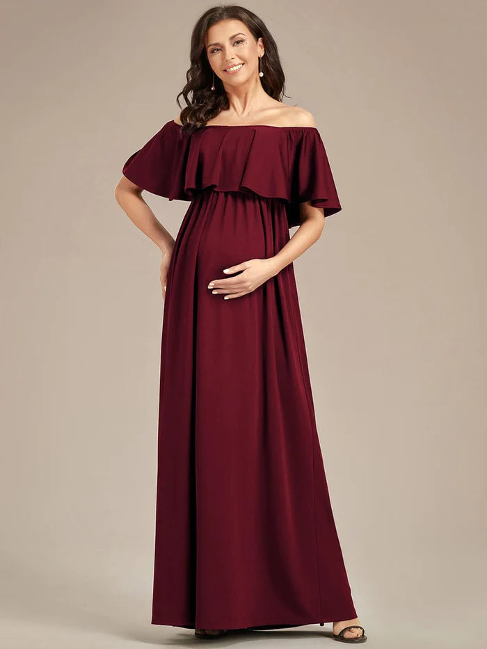 Bonus Savings Flattering A-Line Maternity Dress with Off-Shoulder Ruffle