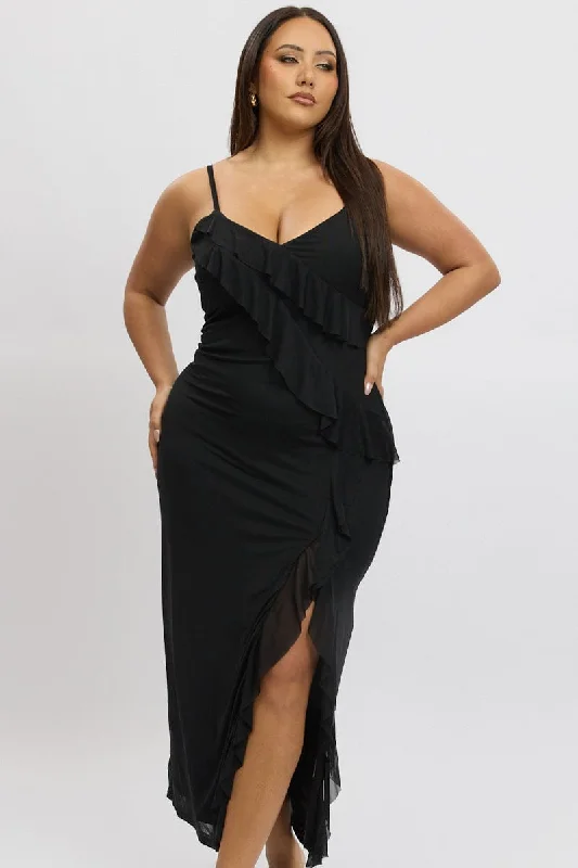 Hurry In Black Frill Mesh Bodycon Maxidress