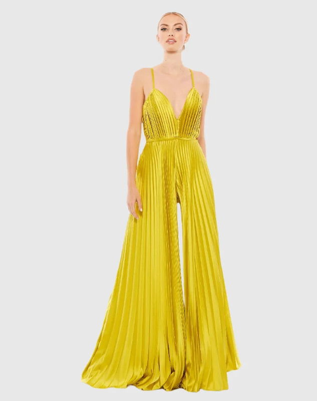 Get It Before It’s Gone Green Pleated Plunge Neck Wide Leg Jumpsuit