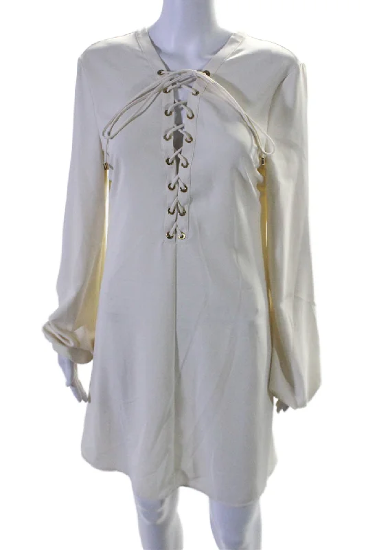 Exclusive Savings Pinko Womens Long Sleeve Lace Up V Neck Mini Shift Dress White
